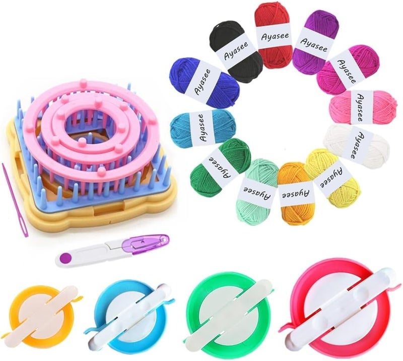 Ayasee Weaving Loom Kit, Flower Knitting Loom Kit, Frame Looms, Knitting Wool, Round/Square Knitting Looms Craft Kit Multi Color (Flower Maker + Pom Maker + Yarn) - Image 1